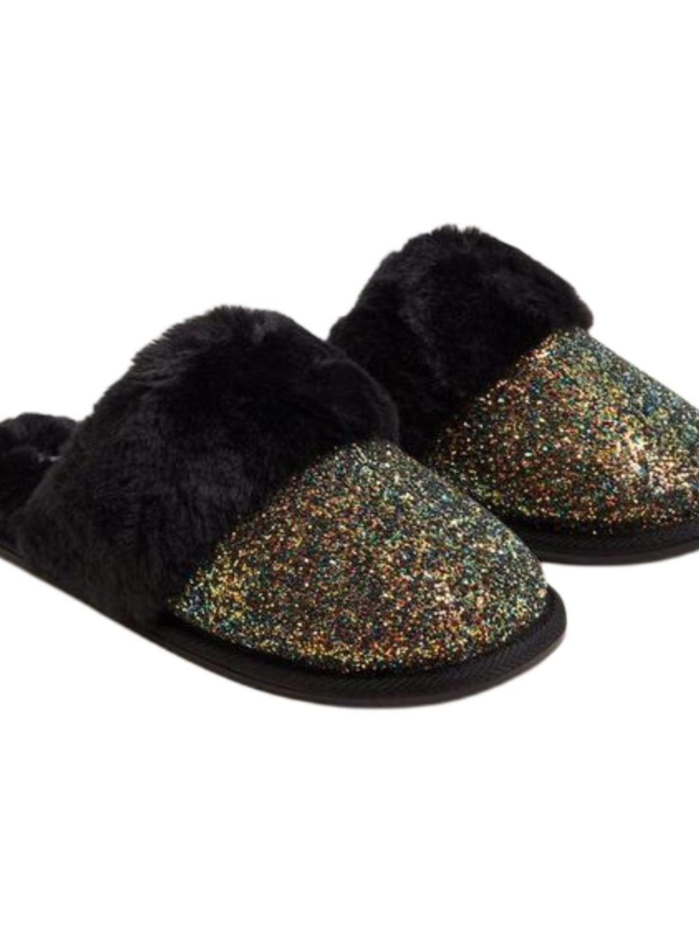 Torrid Black Faux Fur Slippers with Multicolor Glitter Toe